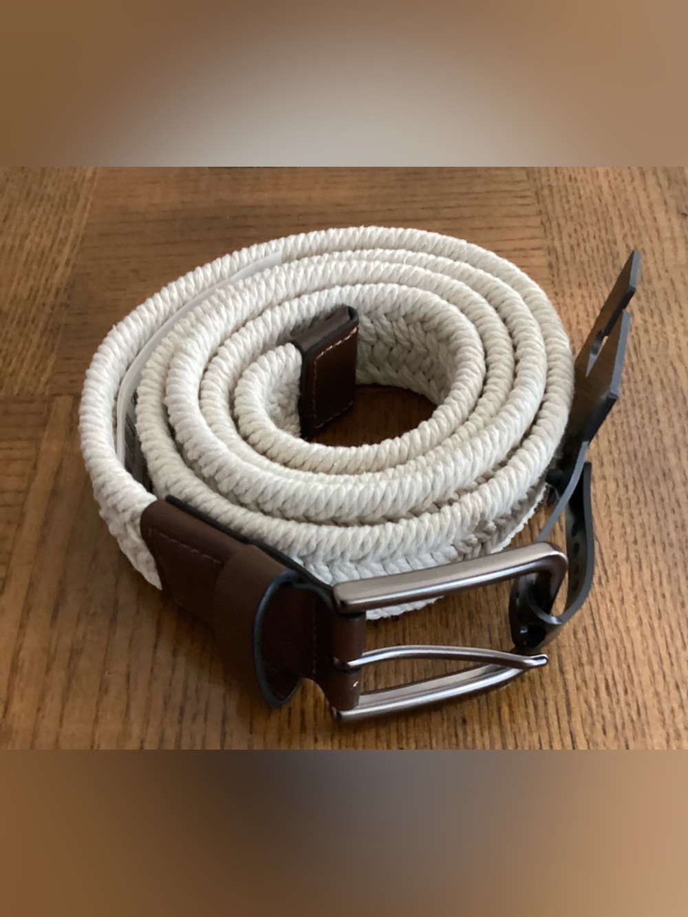 Alfani Cream Woven Rope Belt with Brown Leather Trim